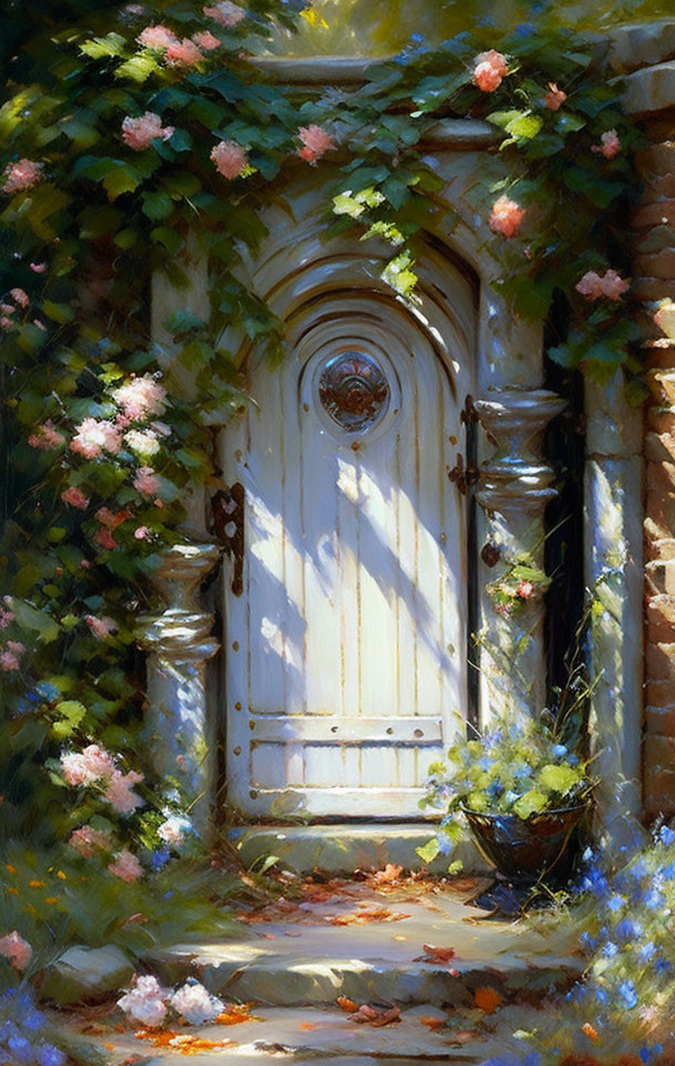 White Door with Vines and Pink Flowers in Sunlit Archway