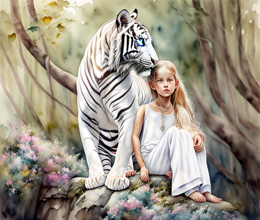 Young girl in white dress with blue-striped white tiger on rocky outcrop among blooming flowers