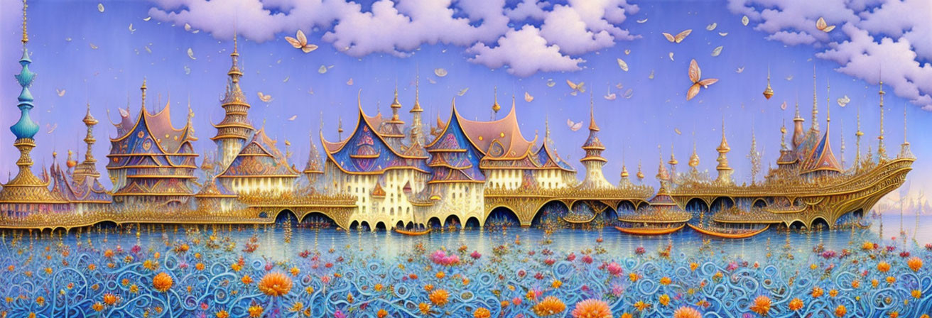 Intricate golden domed cityscape on vibrant flower sea