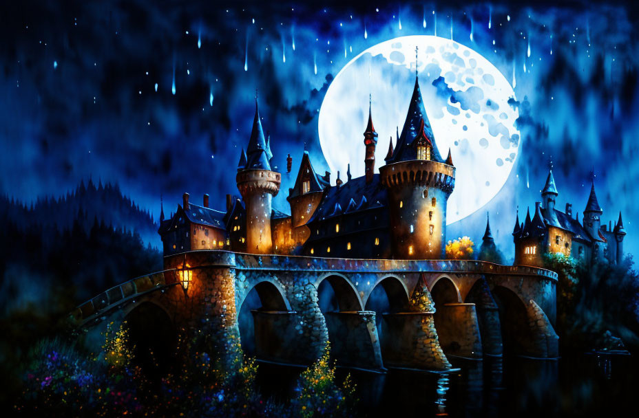 Grand castle on river under starry sky and full moon