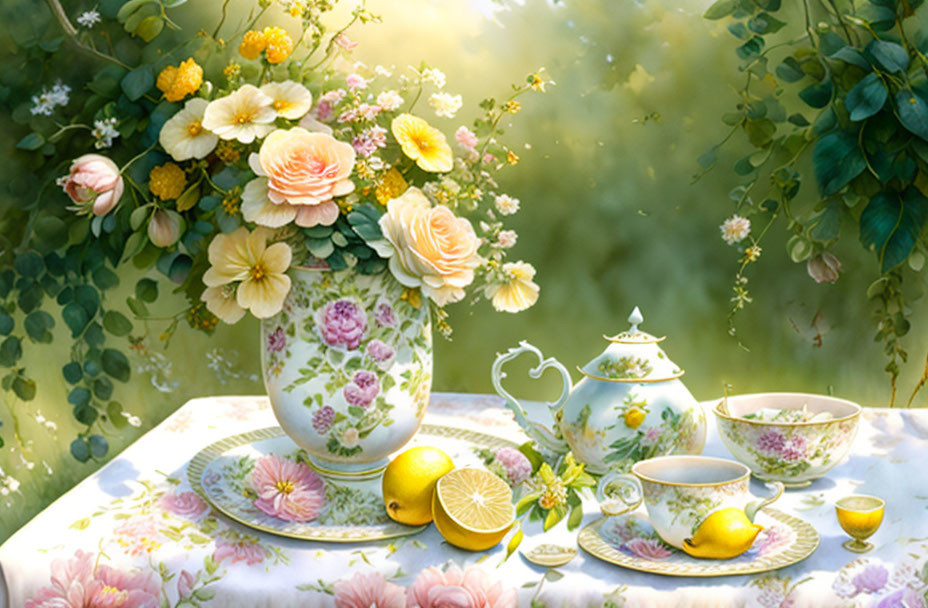 Tranquil outdoor tea setting with floral porcelain tea set, flowers, and lemons