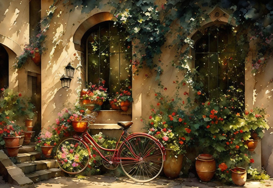 Red bicycle leaning against sunlit vine-covered wall with windows and flower pots in idyllic scene.