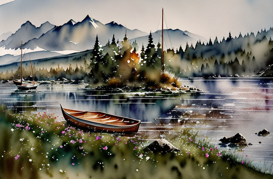 Tranquil Watercolor Landscape with Lake, Canoe, Sailboats, and Mountains