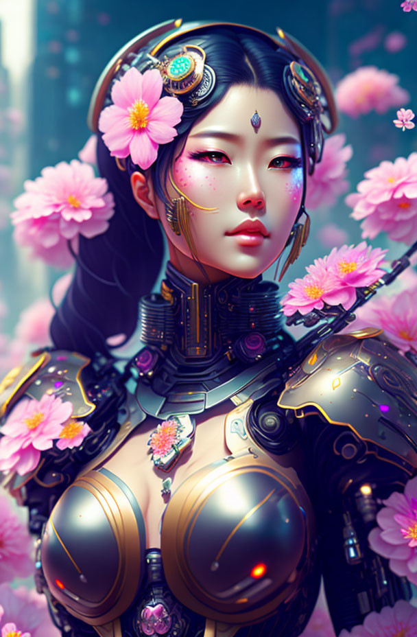 Futuristic warrior woman in metallic armor with pink flowers