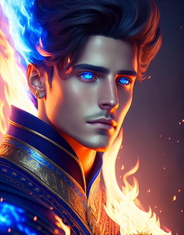 Illustrated male figure with blue eyes and flaming hair in royal blue jacket engulfed in fire