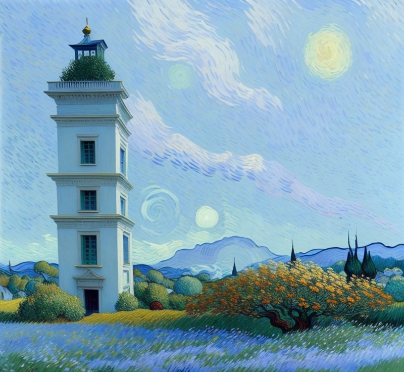 Colorful landscape with tall lighthouse in swirling skies