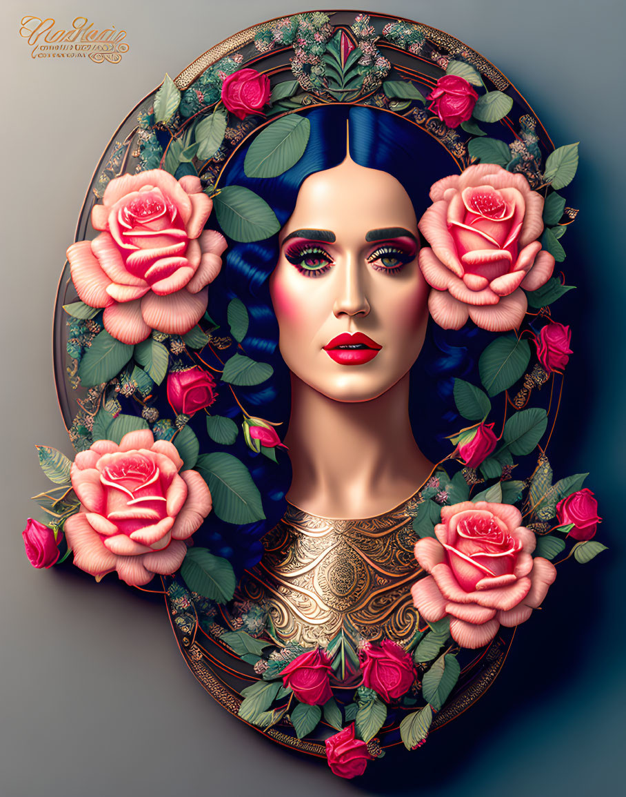 Stylized portrait of woman in ornate frame with roses and leaves