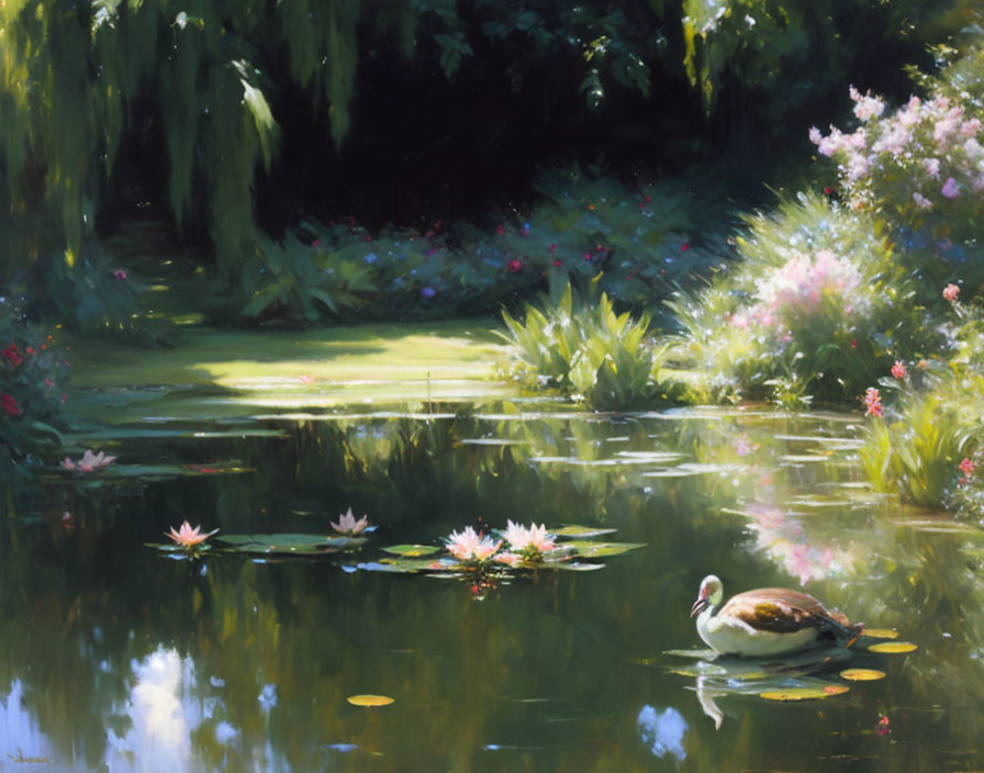 Tranquil painting of swan on lily pad pond surrounded by lush greenery