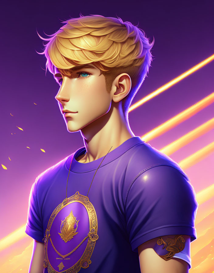 Young man with golden hair and blue eyes in purple T-shirt on neon-lit purple and orange backdrop