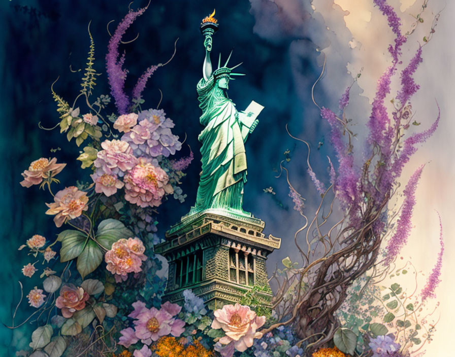 Statue of Liberty surrounded by vibrant flowers and foliage