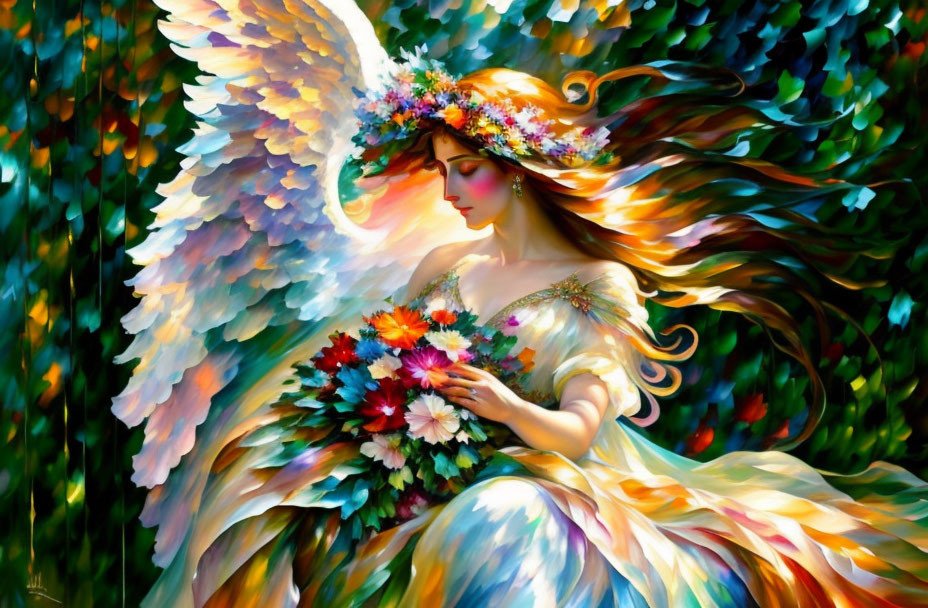 Ethereal woman with angelic wings in vibrant painting