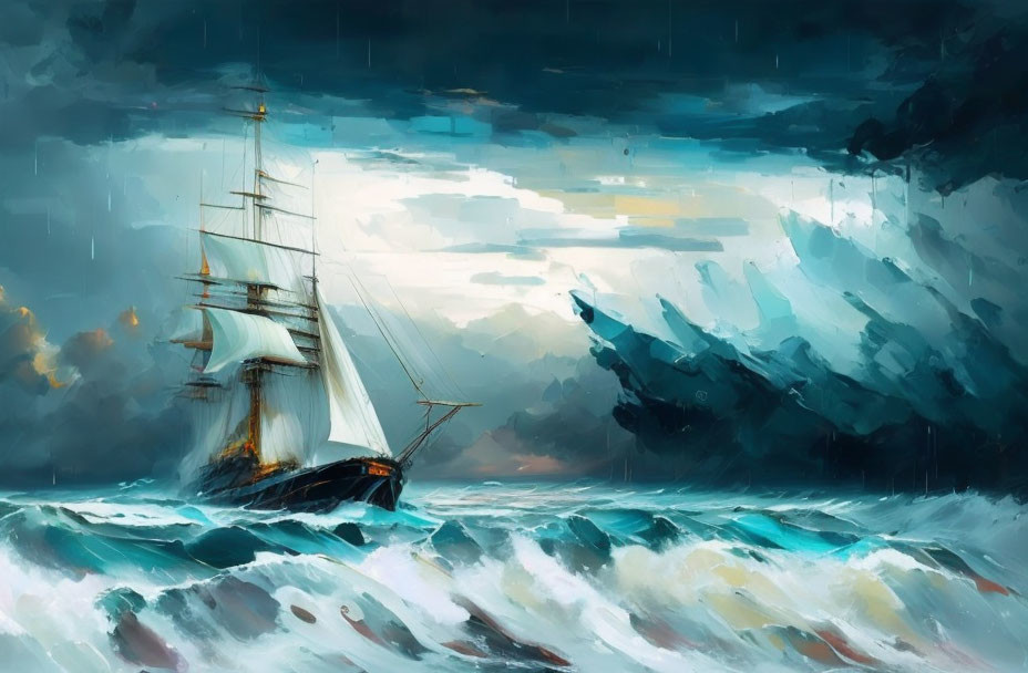 Sailing ship navigating tumultuous seas under dramatic stormy sky