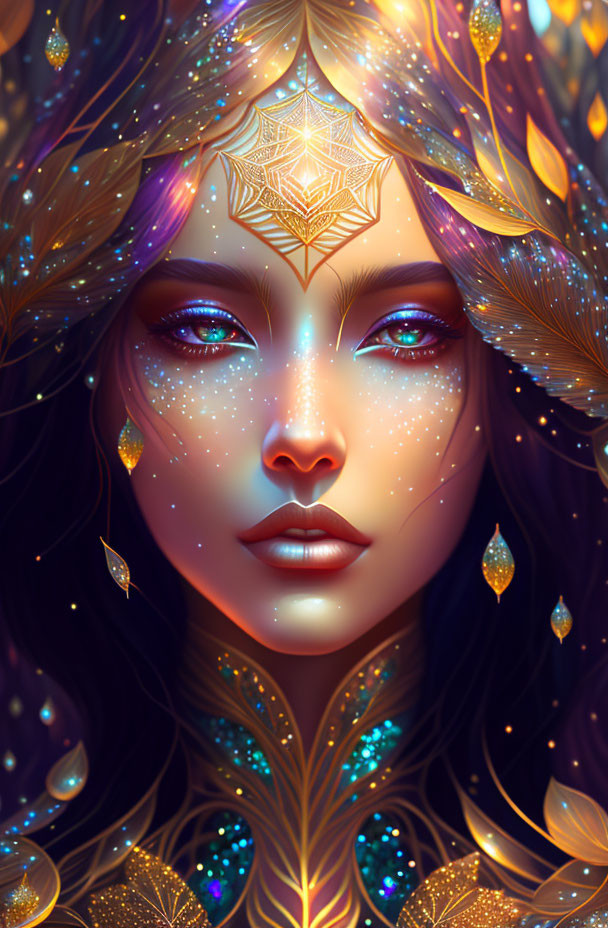 Fantastical woman with luminescent blue eyes and golden leaves in digital artwork