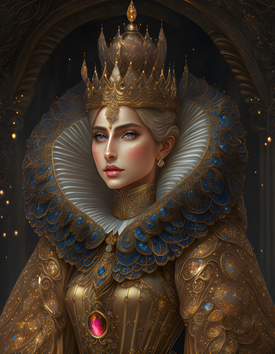 Regal woman in golden crown and armor with ruff collar and gemstone on dark arched backdrop