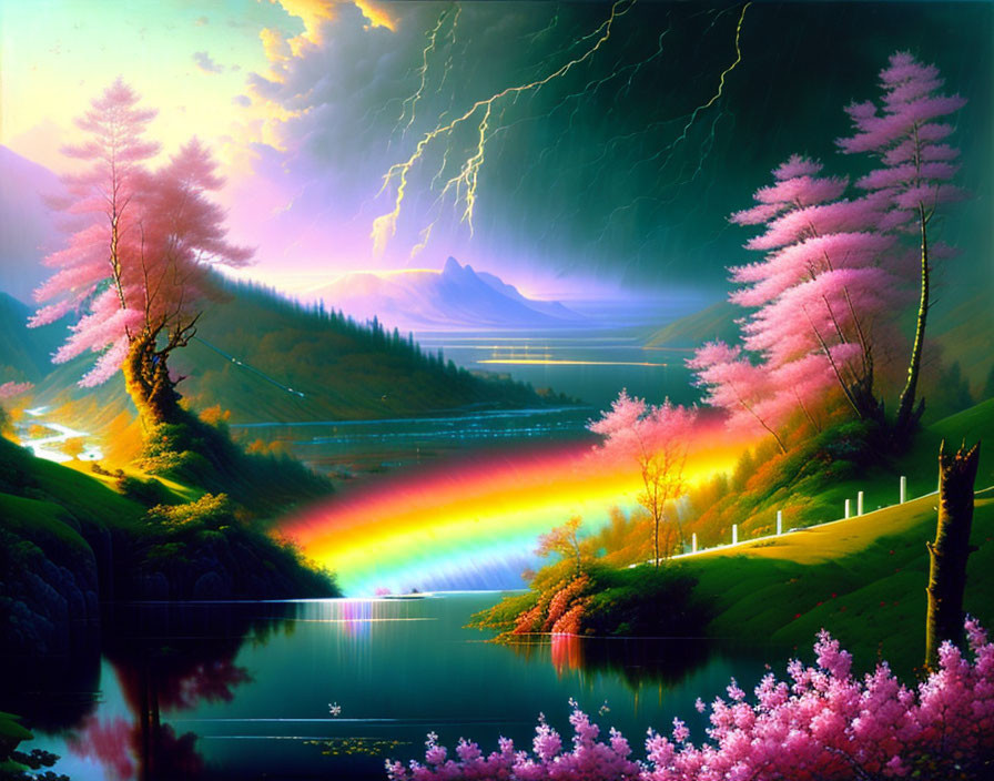 Scenic landscape with cherry blossoms, rainbow, lake, hills, and lightning