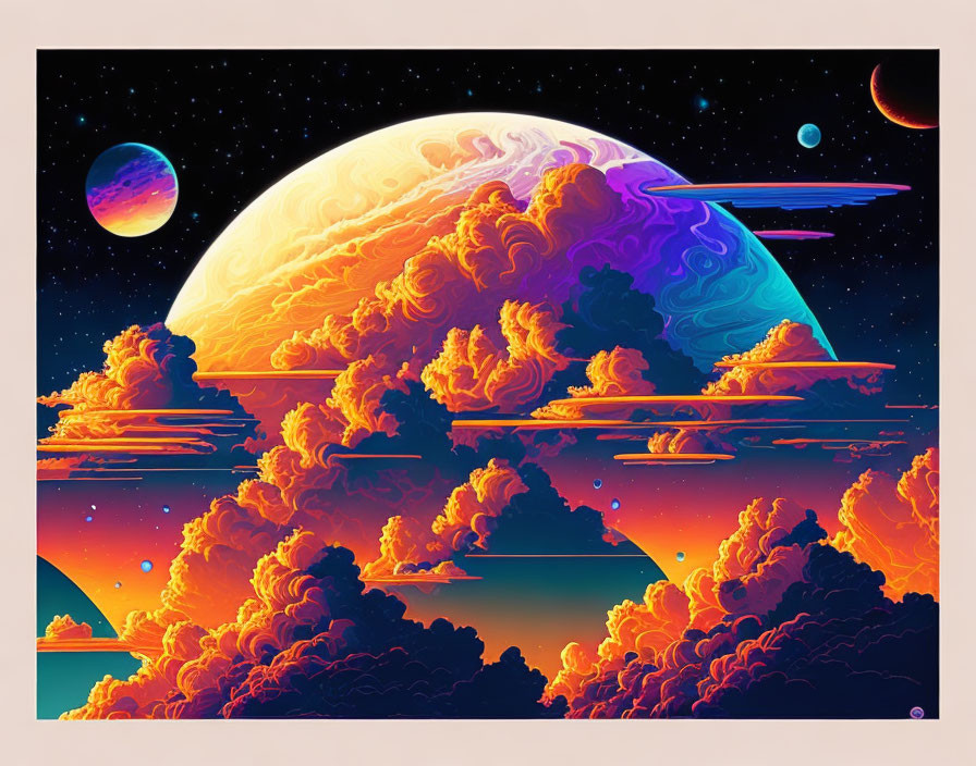 Colorful Space Scene with Large Planet and Celestial Bodies