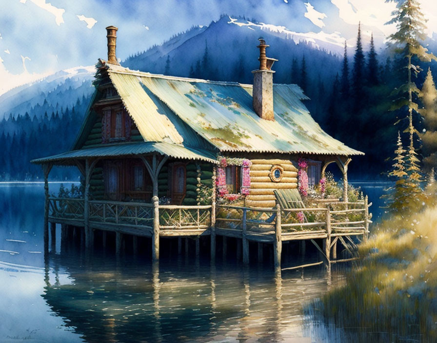 Scenic log cabin on pier by tranquil lake