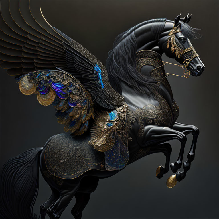 Majestic black horse with gold and blue peacock feather wings and body armor on dark background