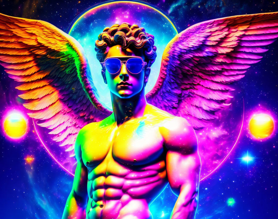 Muscular, Winged Figure with Sunglasses in Cosmic Neon Background