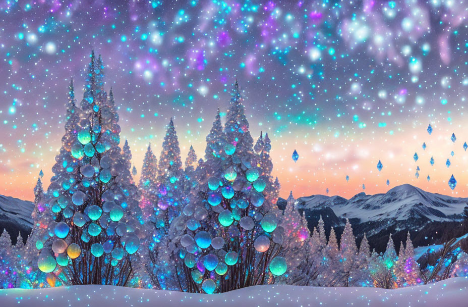 Glowing winter landscape with shimmering sky crystals