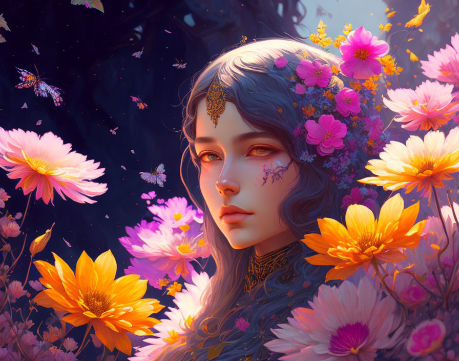 Illustration of Woman with Blue Hair in Vibrant Flower Garden