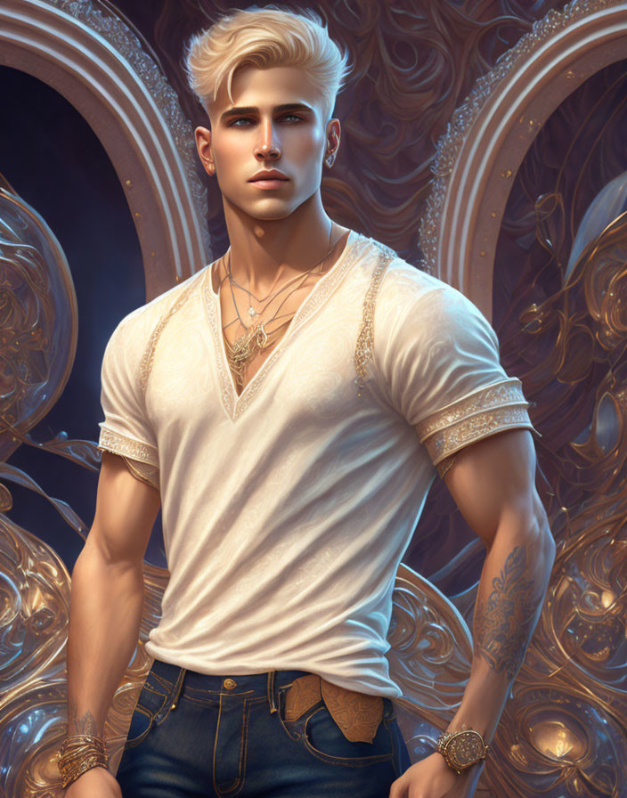 Stylish man with blond hair and tattoos in white shirt with gold jewelry against ornate background