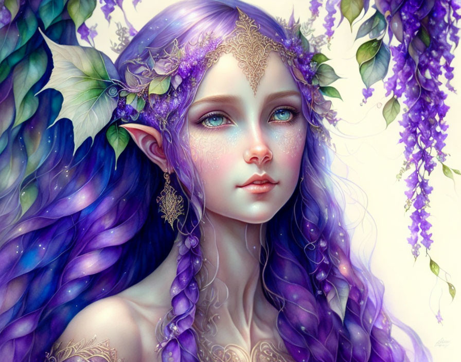 Fantasy female illustration with purple hair, elf ears, floral tiara, and wisteria background