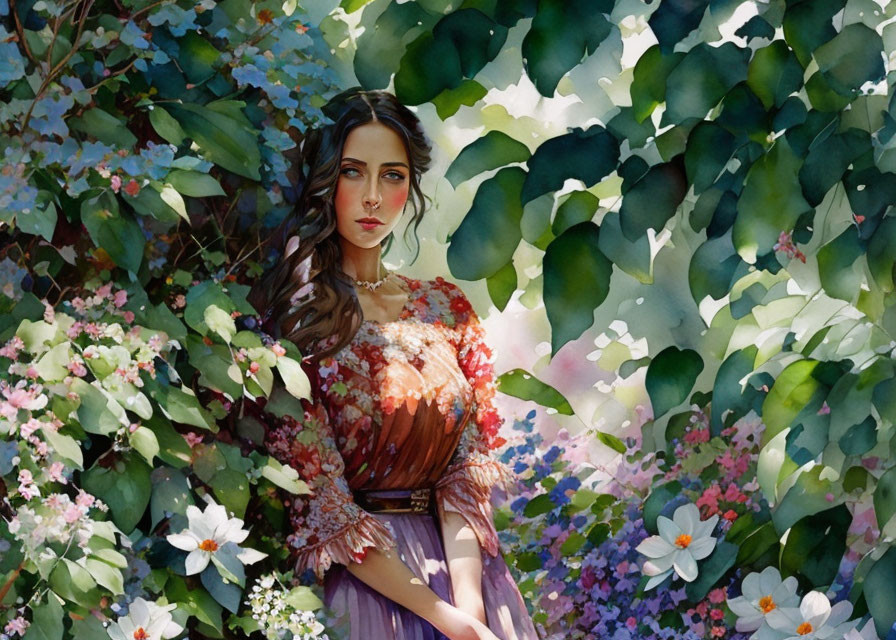 Woman with Long Hair in Lush Foliage and Flowers Under Sunlight