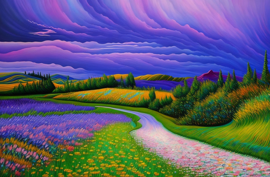 Colorful Pathway Through Lush Fields Under Purple Sky