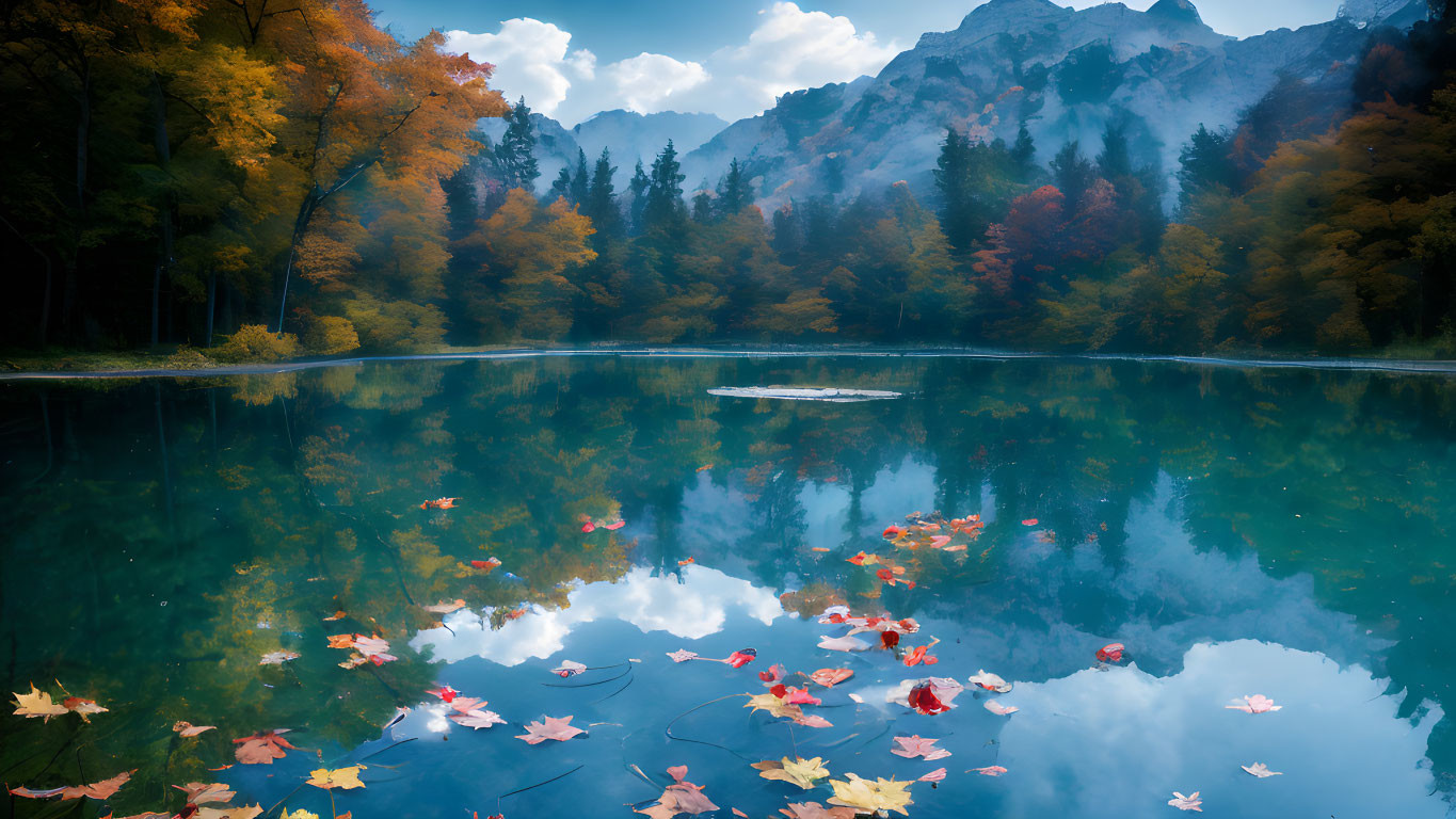 Tranquil autumn landscape with colorful forest trees reflected in a clear lake