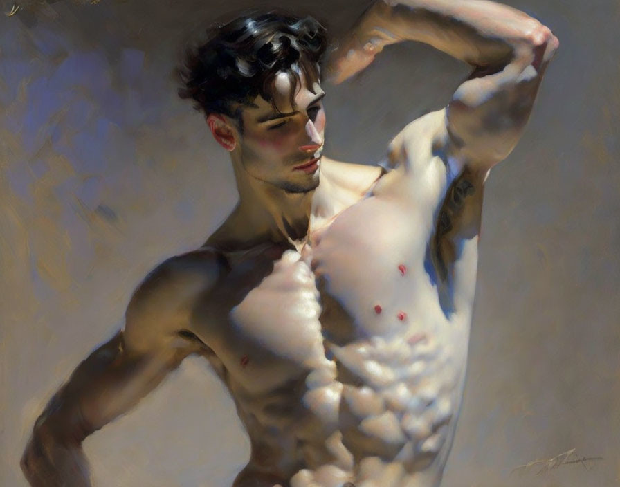 Muscular shirtless man with tousled hair and red petals in dramatic lighting