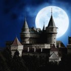 Grand castle on river under starry sky and full moon