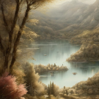 Tranquil landscape with lake, mountains, villa, trees, flowers, and sheep