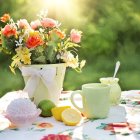 Pastel Teapot Still Life with Flowers and Fruits