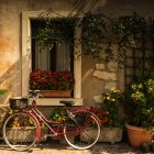 Red bicycle leaning against sunlit vine-covered wall with windows and flower pots in idyllic scene.