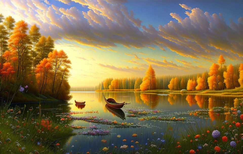 Tranquil lake scene with autumn trees, sunset, boats, and vibrant flowers