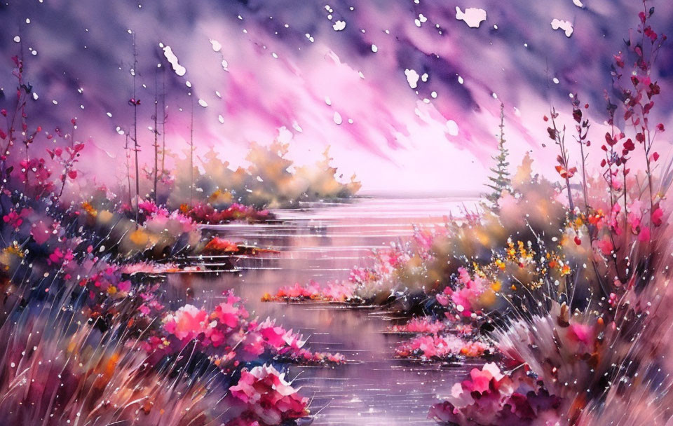 Colorful Watercolor Landscape with Pastel Sky and Reflecting Water