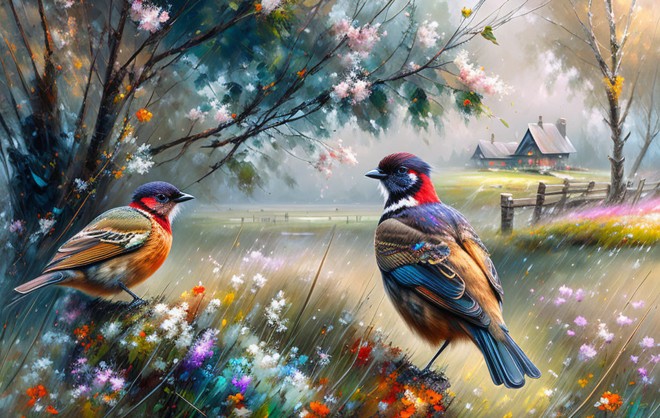 Vibrant meadow scene with colorful birds and distant cottage