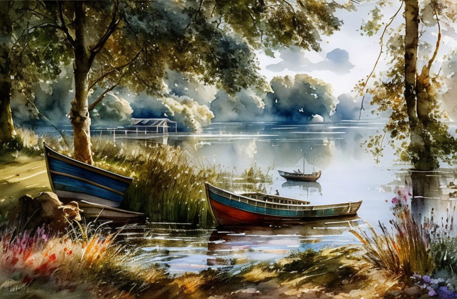 Tranquil watercolor scene: Boats by serene lake, lush trees