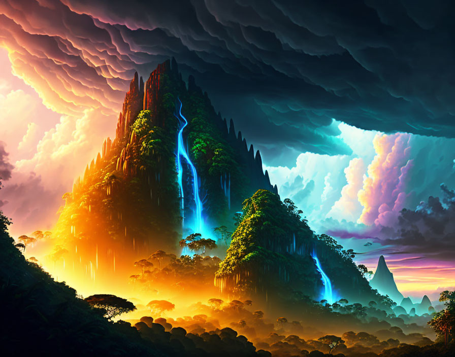 Fantasy landscape with towering mountain and waterfalls