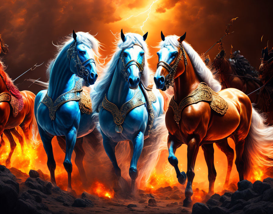 Majestic horses in ornate harnesses gallop amidst flames and lightning