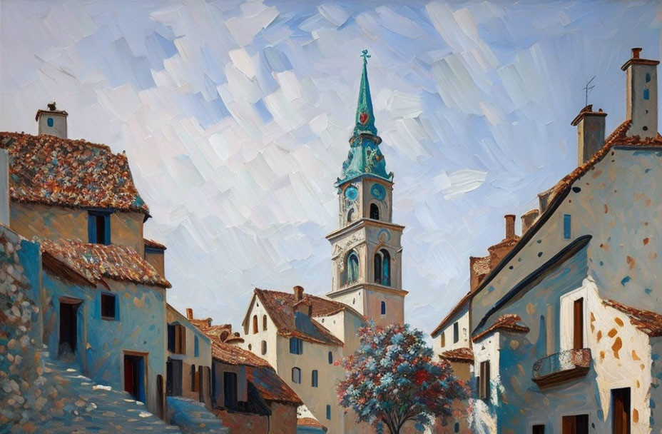 Vibrant painting of a village with terracotta-roofed houses and church spire against