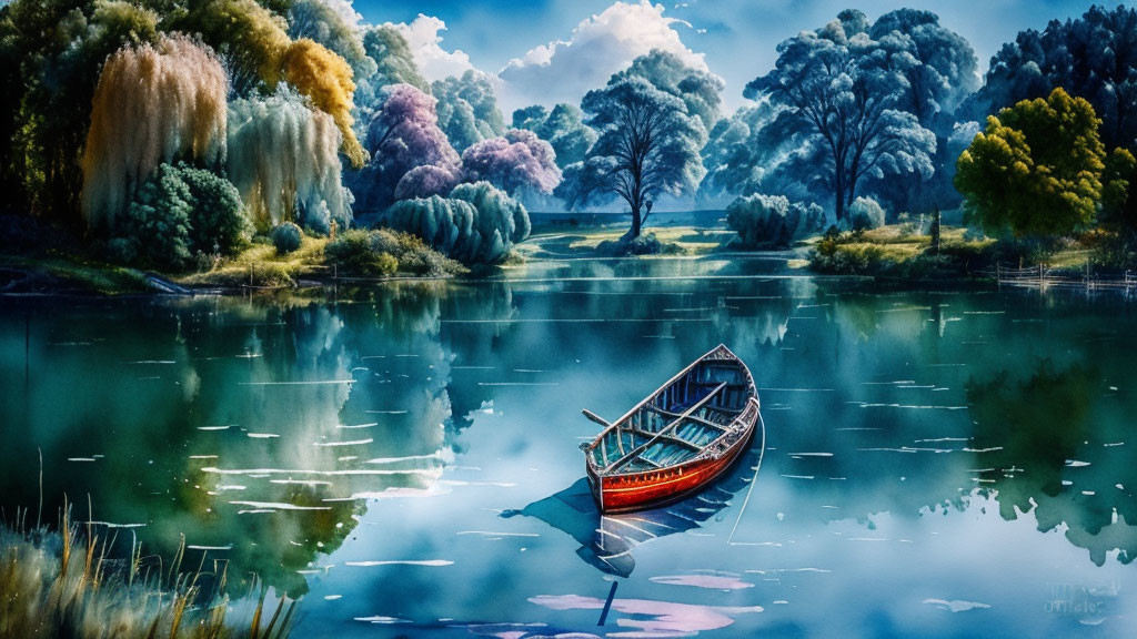 Tranquil landscape with lake, boat, lush trees, and blue sky