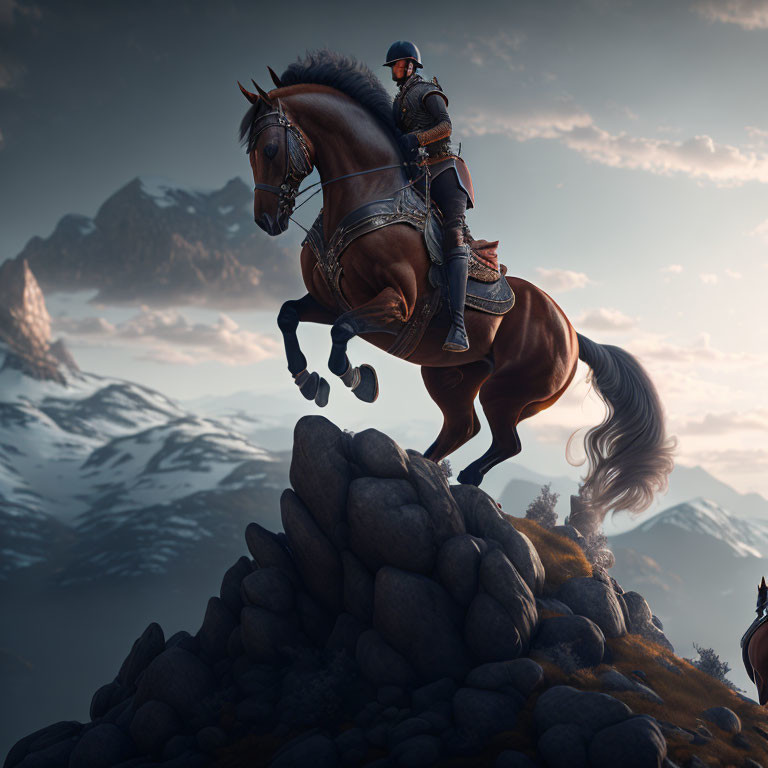 Horse and rider jumping rocks in mountain landscape