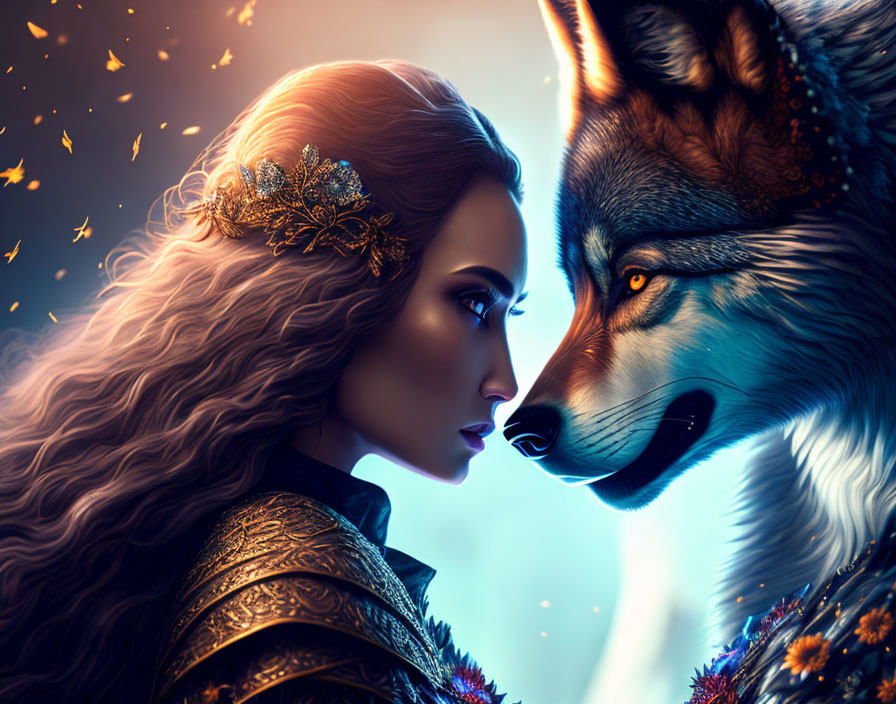 Woman in ornate armor gazes at majestic wolf under starry sky