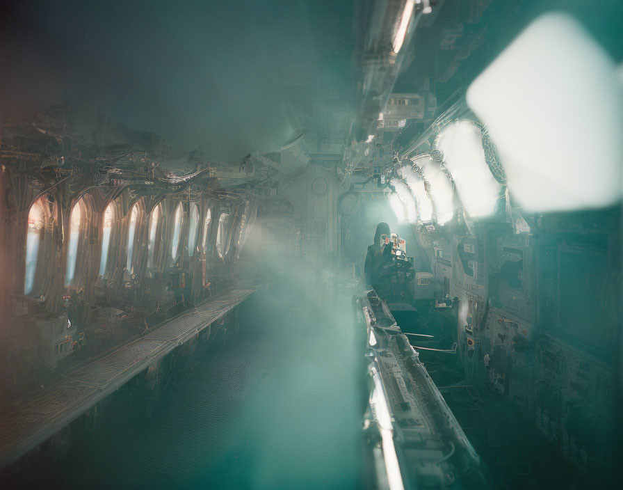 Dimly Lit Industrial Corridor with Circular Windows and Figure in Mist