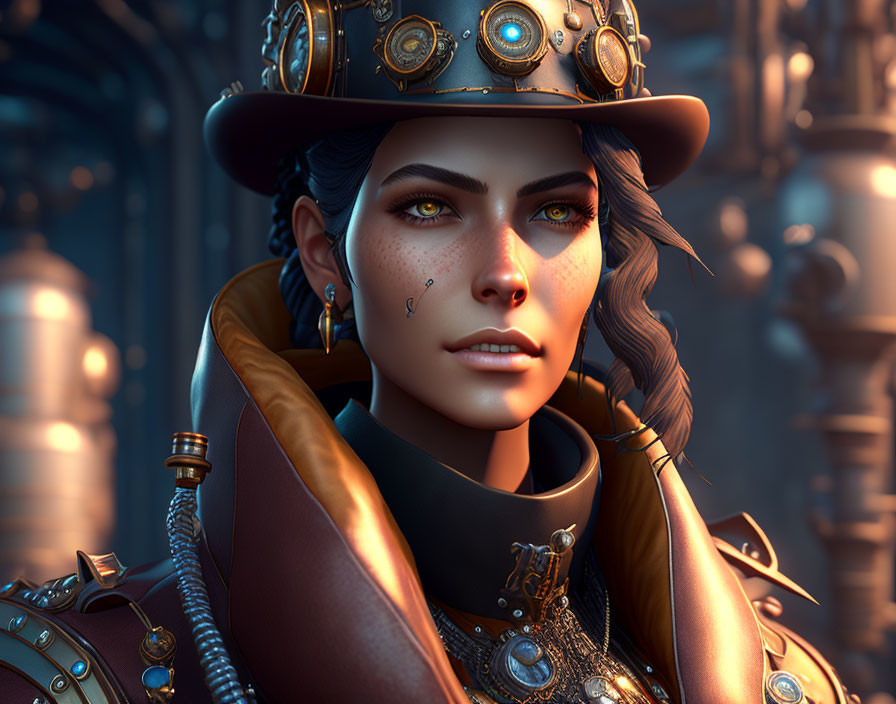 Steampunk-themed portrait featuring woman with decorated hat and mechanical collar.