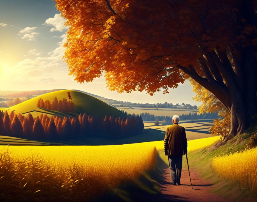 Elderly person walking on rural path with autumn trees and rolling hills