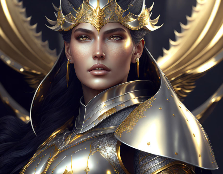 Female warrior in golden armor and crown on dark background with intricate designs