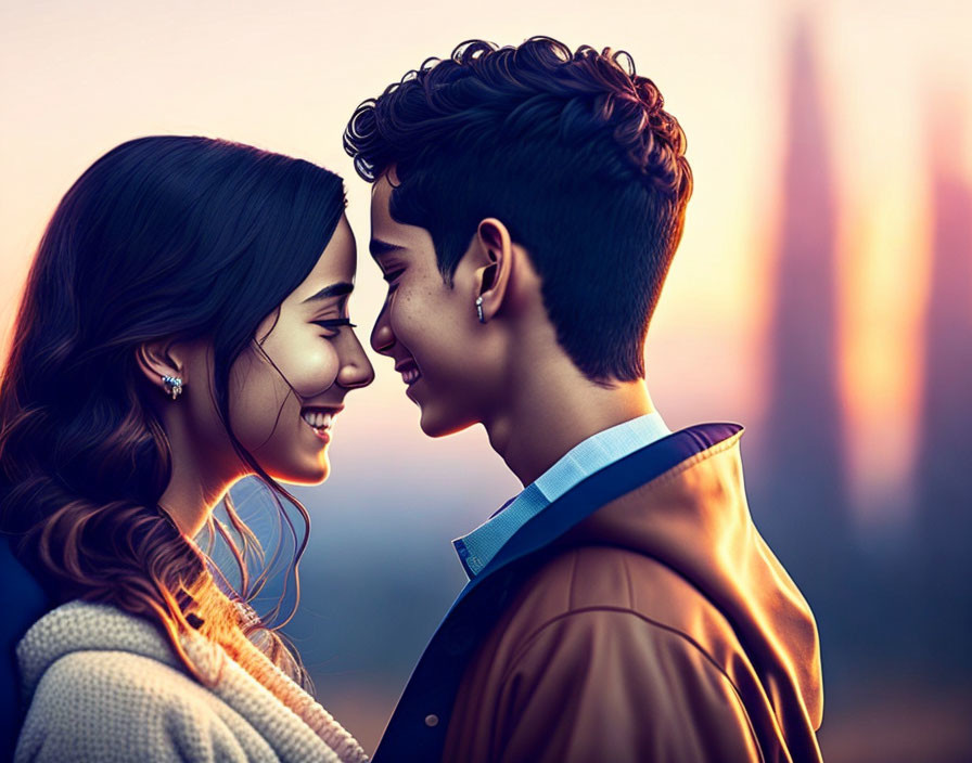 Affectionate young couple smiling with foreheads touching in cityscape backdrop